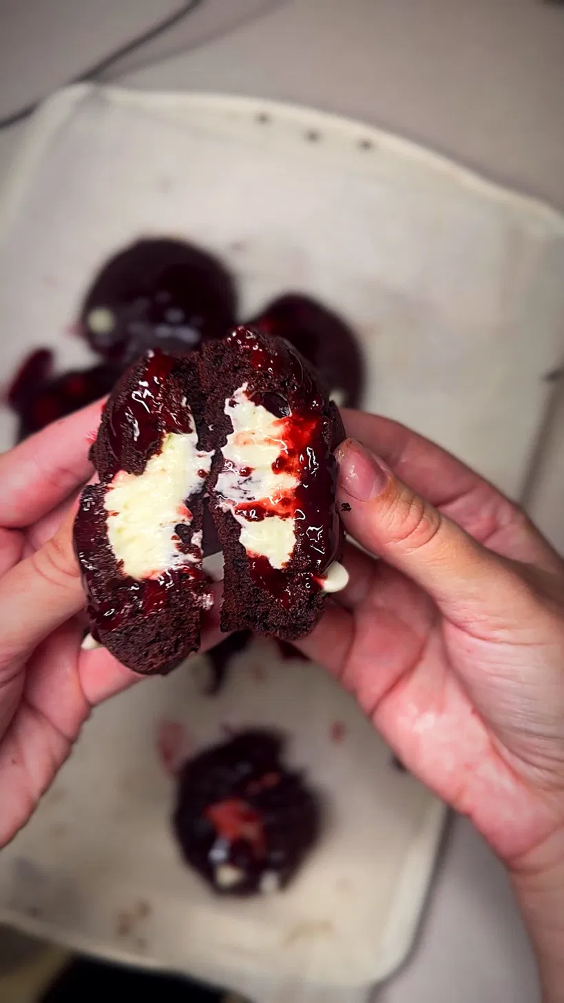 Vampire Cookies (Red Velvet Stuffed with Cream Cheese & Raspberry Jam)