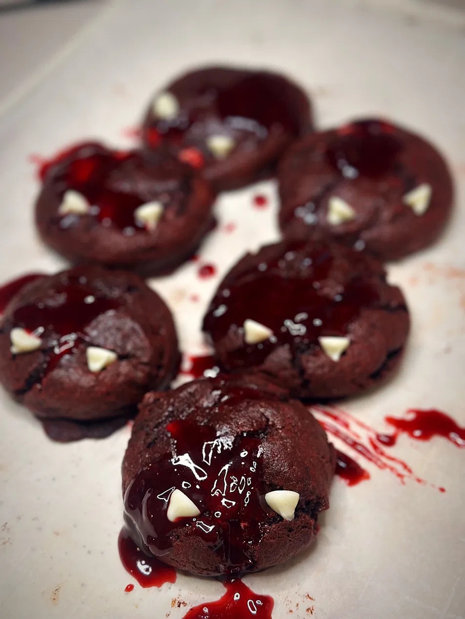 Vampire Cookies (Red Velvet Stuffed with Cream Cheese & Raspberry Jam)