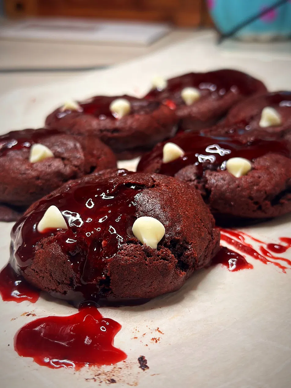 Vampire Cookies (Red Velvet Stuffed with Cream Cheese & Raspberry Jam)